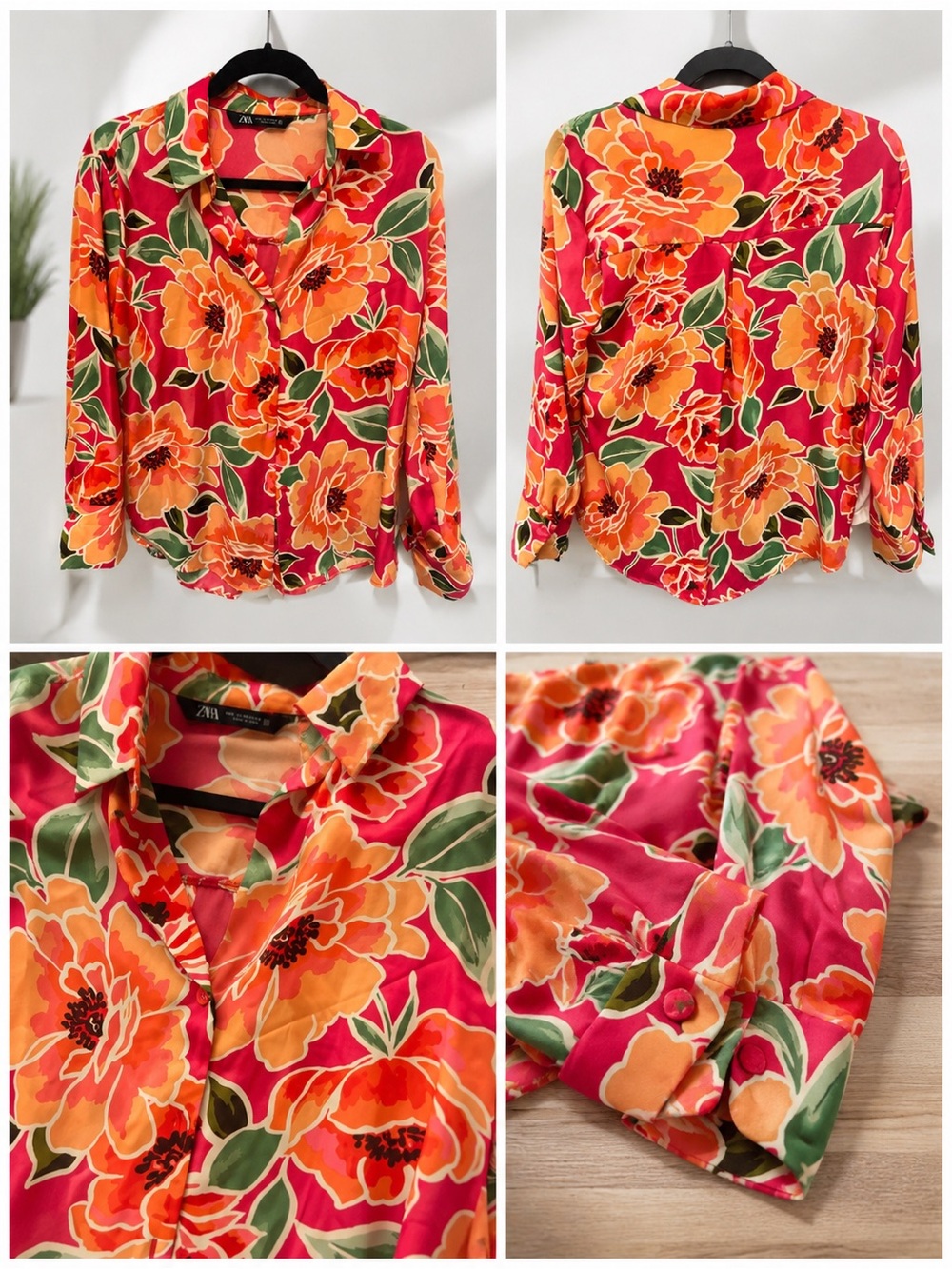 ZARA Pink Orange Floral Button-Down Blouse